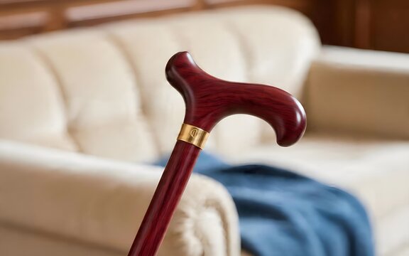 A classic wooden walking cane resting against a comfortable couch.