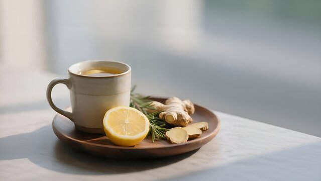 A cup of healthy lemon ginger tea on a wooden saucer with fresh ingredients.