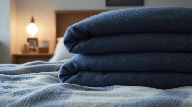 Folded navy blue cotton blankets on a bed