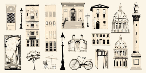 Vintage building illustrations and street elements sketched vector style © Indira