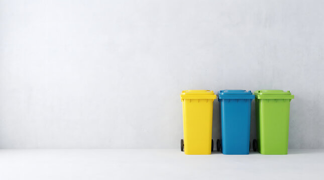 Three color coded recycling bins neatly arranged against a plain wall