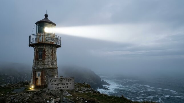 Lighthouse beams light across a misty ocean coast