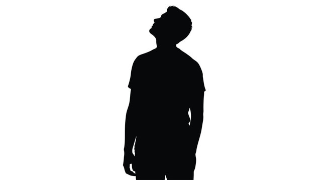 Human figure silhouette against a white background depicting a person looking upwards with arms relaxed man body form shape