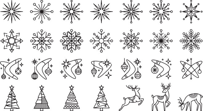 Retro mid century modern line art icons set, atomic starburst snowflake christmas elements bundle