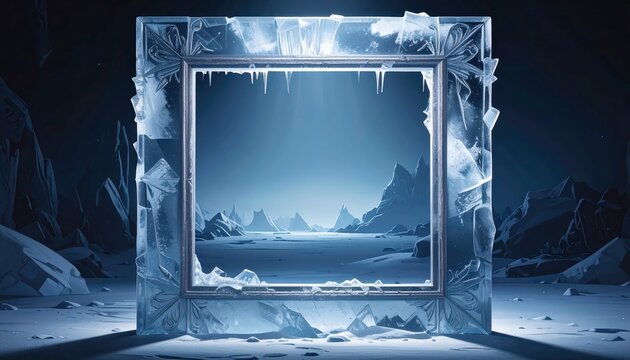 Frozen Ice Frame with Icy Mountain Landscape View.