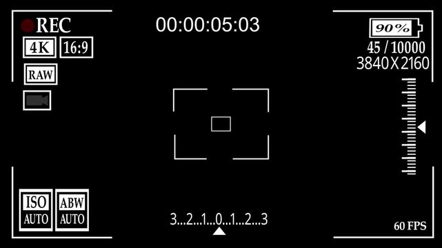 Camera recording indicator displays progression of timecode and levels during video capture screen display audio