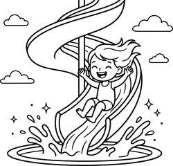 Naklejka premium Happy cartoon girl sliding down a spiral water slide into a swimming pool coloring book page vector illustration for kids