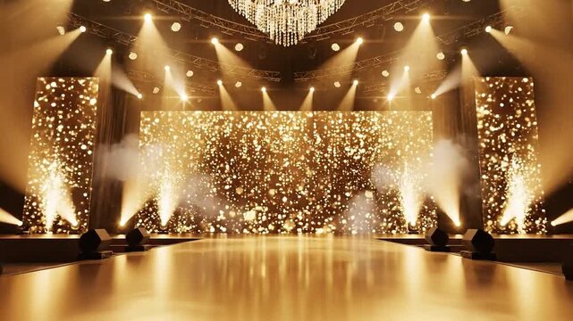 Elegant golden stage with sparkling lights and chandelier for premium award ceremony and gala