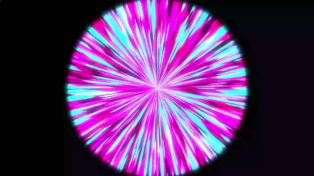 Digital neon tunnel light effect. Abstract cyber space portal with glowing pink rays.