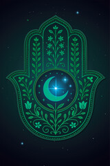 Fototapeta premium A green botanical Hamsa with intricate leaf patterns and a central crescent moon surrounded by stars. A deep green gradient background enhances the calm, celestial protective design.