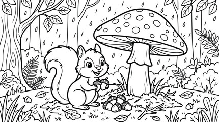 Fototapeta premium Rainy day forest coloring book page vector illustration featuring a cute cartoon squirrel holding acorns under a giant mushroom
