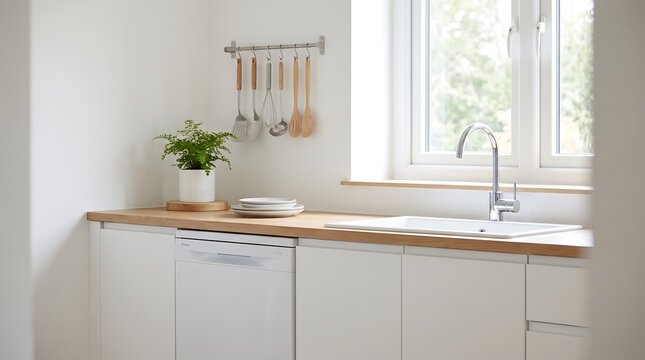 Modern minimalist kitchen interior with white cabinets, wooden countertop, sink, and hanging kitchen utensils