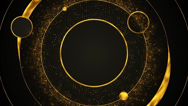 Black and gold orbital ring dotted particles, circular frames, luxurious cosmic motion. futuristic titles, premium intros, technology promos, science visuals, elegant reveals, abstract overlays.