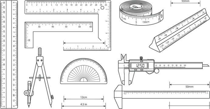 Measuring tools line icons set showing rulers caliper compass protractor tape measure architecture engineering
