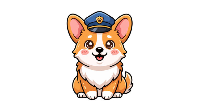 Cute kawaii corgi dog wearing a blue police hat officer mascot vector illustration