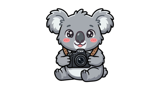 Cute cartoon koala photographer sitting and holding a camera vector illustration