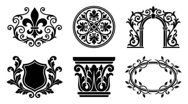 Set of six intricate black damask vector ornaments featuring ornate floral flourishes, heraldic crests, archways, and circular borders for luxury