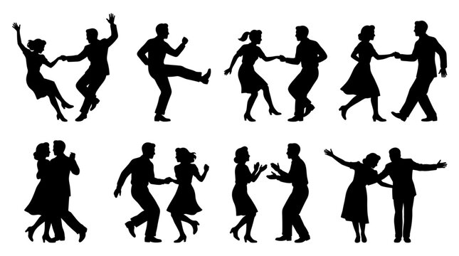Set of black silhouettes of couples dancing swing and rock and roll, dynamic vintage movement, social dance party, energetic rhythm and music theme