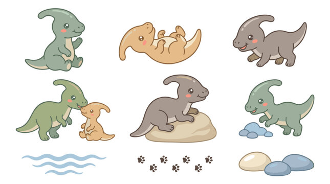 Set of parasaurolophus dinosaurs in various poses, cute prehistoric animals with soft pastel colors, vector elements for kids design and education