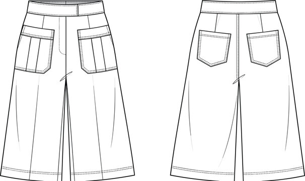 Technical flat sketch of women's wide leg culotte pants with front and back pockets, fashion vector apparel template.