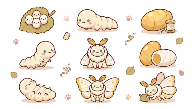 Set of cute silkworm metamorphosis stages including eggs, larva, cocoon, and moth, life cycle illustration, vector elements for nursery decor