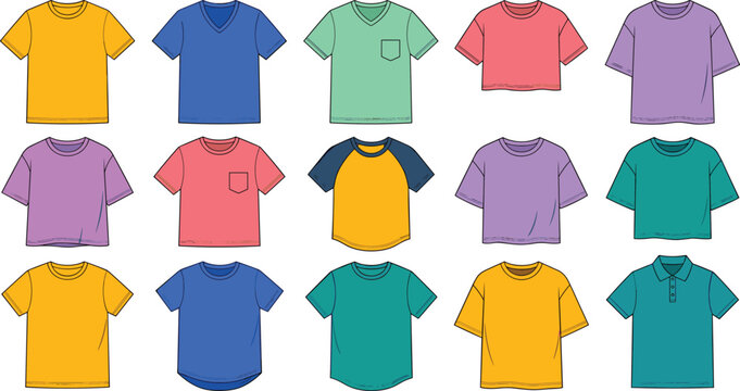 Blank T Shirt and Apparel Flat Sketch Vector Icon Set with Crewneck, V Neck, Raglan, Crop Top, and Polo Templates for Fashion Mockup Designs