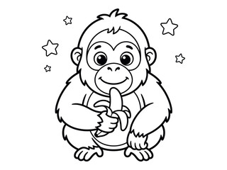 Cute gorilla holding a banana coloring page illustration black and white silhouette