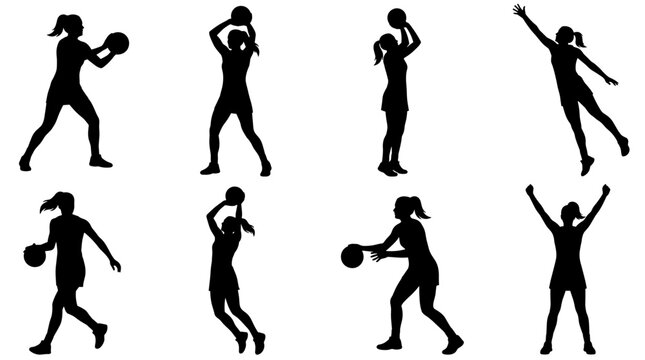 Collection of black silhouettes of women playing netball, isolated on white, showcasing various dynamic poses and actions, energetic sports scene
