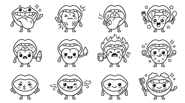 Set of expressive brain character icons in black outline style, depicting various moods and emotions for social media communication and digital