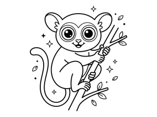 Cute lemur hanging from branch coloring page illustration black and white silhouette © graphixarrow