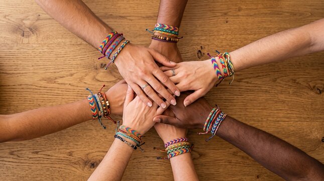 Diverse friends stacking hands with colorful friendship bracelets on wooden table

