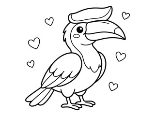 Cute hornbill illustration for coloring pages with hearts black and white silhouette © graphixarrow