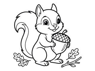 Cute squirrel holding an acorn coloring page illustration black and white silhouette © graphixarrow