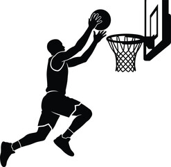 Male basketball player jumping high in midair making layup or slam dunk shot black silhouette vector illustration © MdAnarulIslam