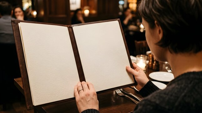 Person holding an open blank restaurant menu at a table in a dark bistro