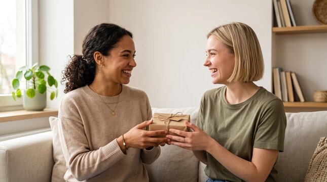 Diverse female friends sharing a small wrapped present on sofa
