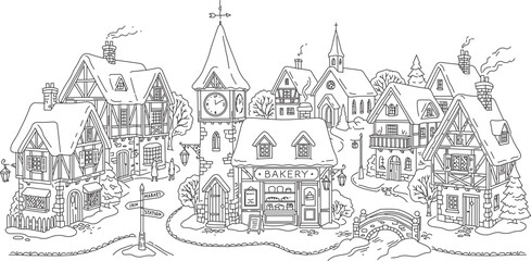 Fototapeta premium Hand Drawn Winter Village Line Art Scene with Cozy Houses, Bakery, Clock Tower and Snow