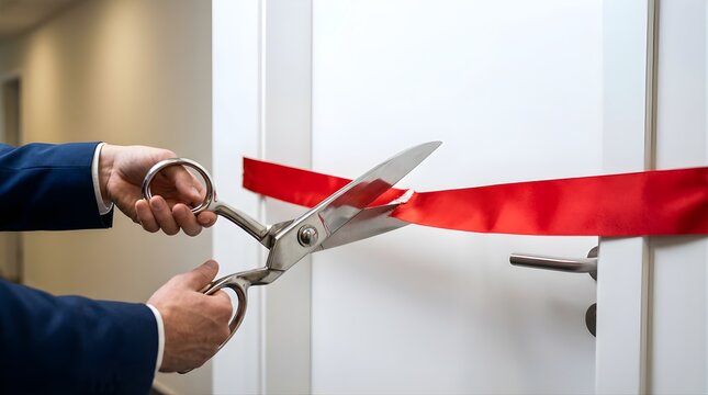 Person in suit using large scissors to cut red ribbon at opening event