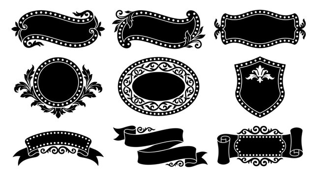 Set of black vintage decorative marquee frames, ornate scroll borders and classic shield ornaments, vector illustration for heraldic design and