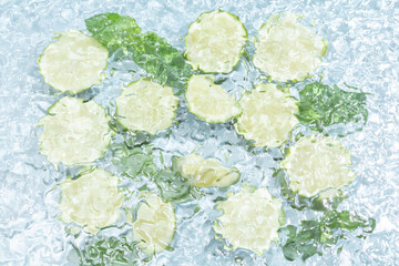 Lime Slices and Mint Leaves Floating in Icy Water © NguyenNhat