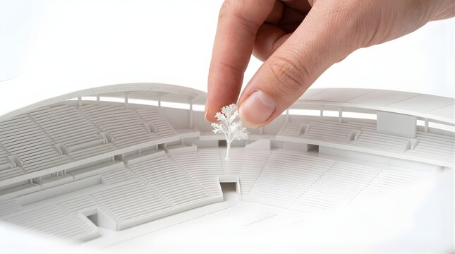 Person placing a miniature tree model inside a white stadium stadium mockup