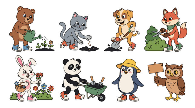 Set of retro gardening animals including bear, cat, dog, fox, rabbit, panda, penguin, and owl working in garden, hobby, nature, outdoor activities