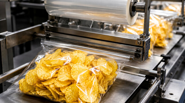 Automated packaging machine sealing clear plastic bags filled with potato chips on a production line