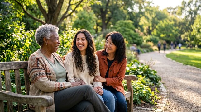 Three women of different generations laughing together on garden bench
