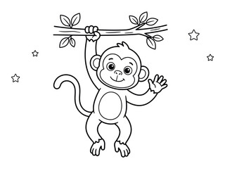 Playful monkey hanging from branch illustration for coloring pages black and white silhouette © graphixarrow