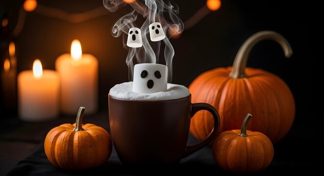 Happy halloween cozy autumn drink with pumpkin marshmallows and spooky ghost decorations