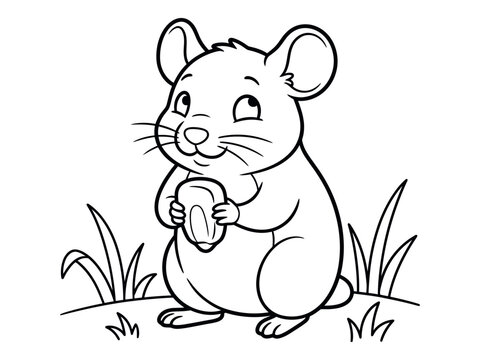 Cute mouse holding nut with grass black and white line art silhouette