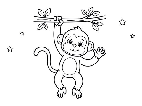 Playful monkey hanging from branch illustration for coloring pages black and white silhouette