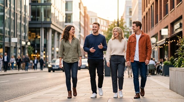Four friends laughing while walking through downtown
