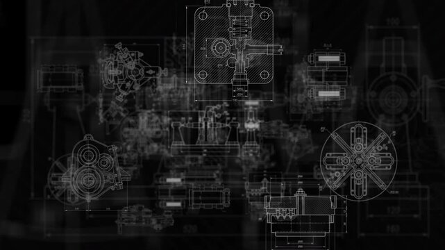 Technical mechanical engineering blueprint animation on black background